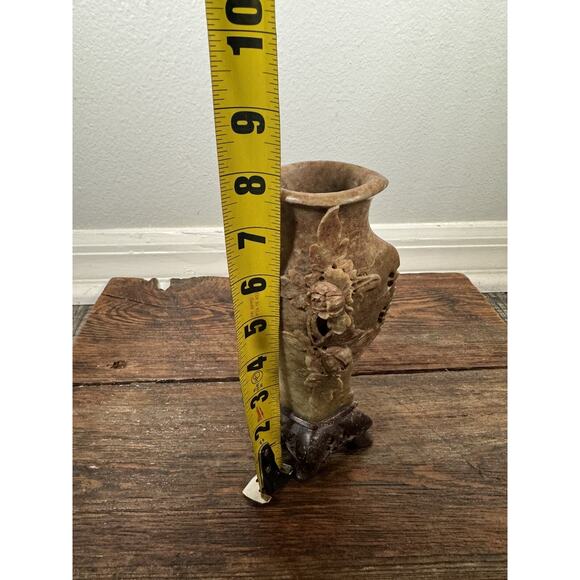 Vintage Carved Soapstone Vase 8” Pedestal Floral Relief Asian Boho MCM Eclectic - Picture 12 of 13